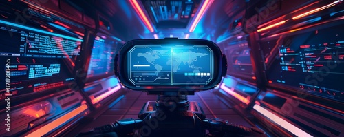 Futuristic spaceship control room with advanced holographic displays and neon lights, showcasing a high-tech environment and cutting-edge technology.