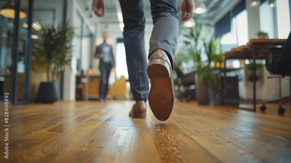 A man in a business suit walks across a wood floor