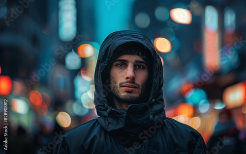 A young man in a dark hooded jacket stands on a city street at night, with tall buildings and dim streetlights in the background