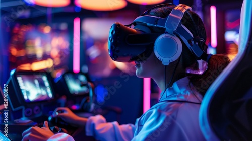 Person enjoying immersive virtual reality experience in a futuristic gaming arcade with neon lights.