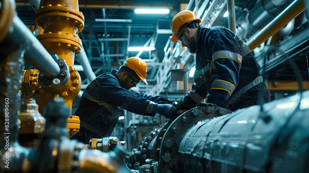 Two men in orange hard hats are working on a piece of machinery Two men in orange hard hats are working on a piece of machinery