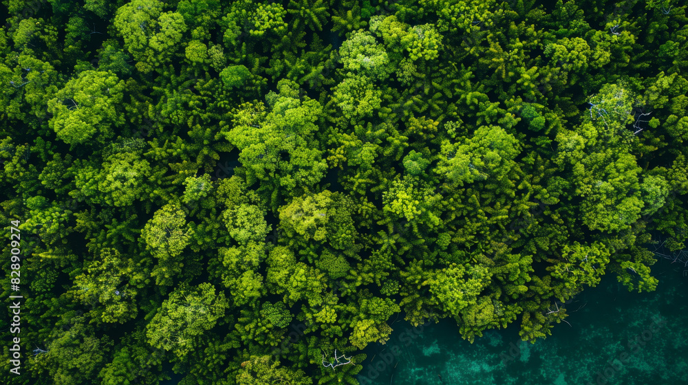 A lush green forest with trees of various sizes and shapes A lush green forest with trees of various sizes and shapes