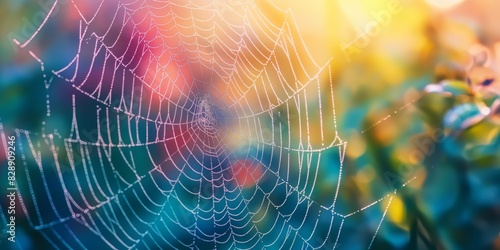 A spider web glistens with morning dew drops highlighted by a sunrise, representing nature's delicate balance and beauty