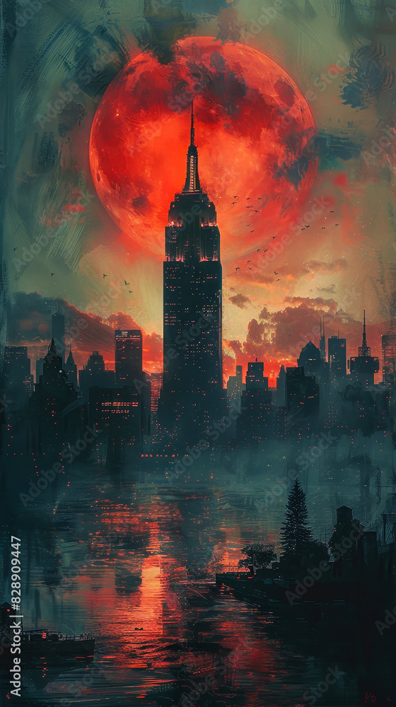 Dramatic Night View of Empire State Building with Full Red Moon Over New York City Skyline, Reflections, and Skyscrapers During Twilight