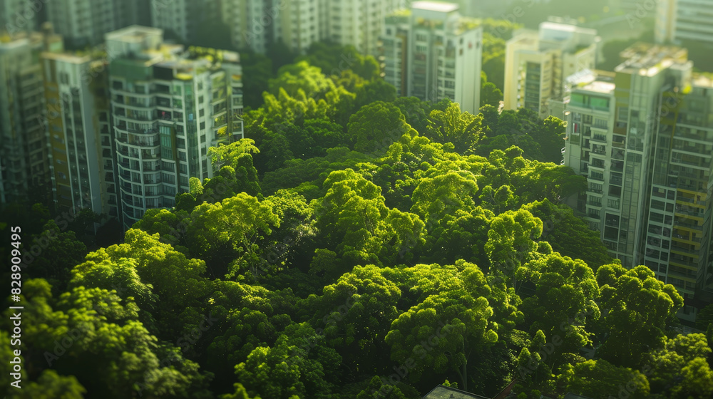A lush green forest is surrounded by tall buildings