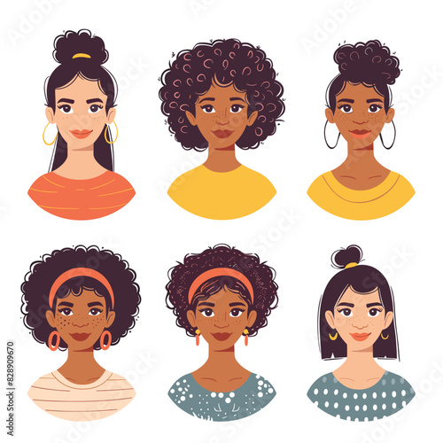 Women diverse hairstyles ethnicity fashion. Young female faces cartoon, beauty diversity, various hairdos earrings. Portrait illustrations smiling women, fashionable styles, cheerful expressions