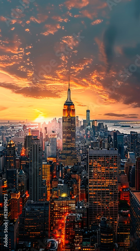 Breathtaking New York City Skyline with Empire State Building at Sunset, Illuminated Skyscrapers, Vibrant Urban Scene, Evening Glow, Captivating Cityscape