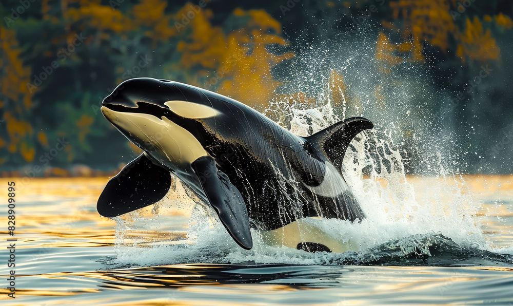 Obraz premium Majestic Bigg's Orca Whale Breaching in Vancouver Island Sunset Waters - Wildlife Photography in Serene Evening Sea