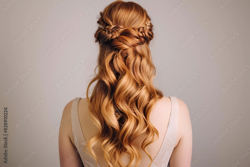Fototapeta premium Half-Up Half-Down - A versatile style that combines elements of an updo and leaving the hair down, creating a flattering and effortless appearance with the hair partially pulled back and secured 