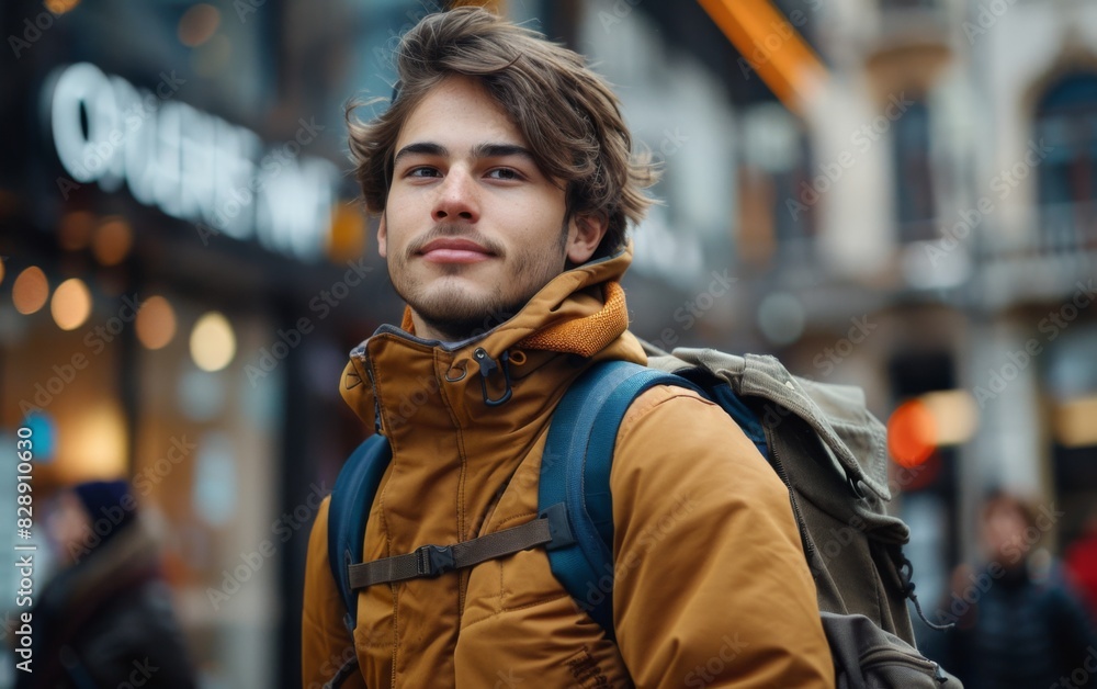 A young man with a backpack walking along a busy city street A young man with a backpack walking along a busy city street