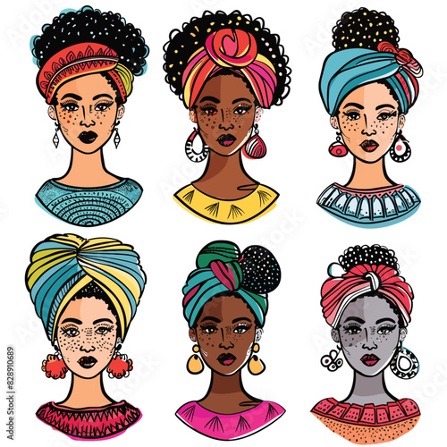 Six diverse African women portraits, fashion, traditional headwraps, beautiful earrings, colorful unique design. Illustration ethnic beauty, different hairstyles, strong cultural representation, art