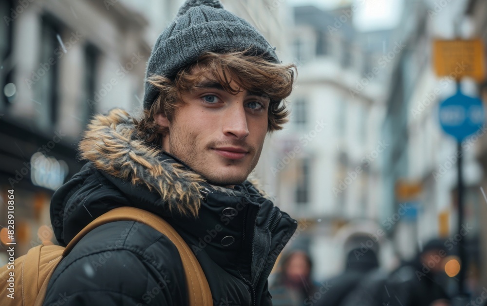 A young man wearing a hat and carrying a backpack walks along a busy city street A young man wearing a hat and carrying a backpack walks along a busy city street