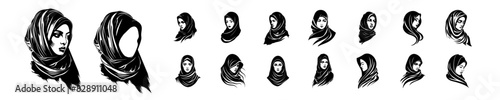 Black and White Hijab Icon Set, Minimalist Hijab Vector Collection