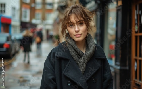 A young woman in a black coat walking down an urban street © imagineRbc