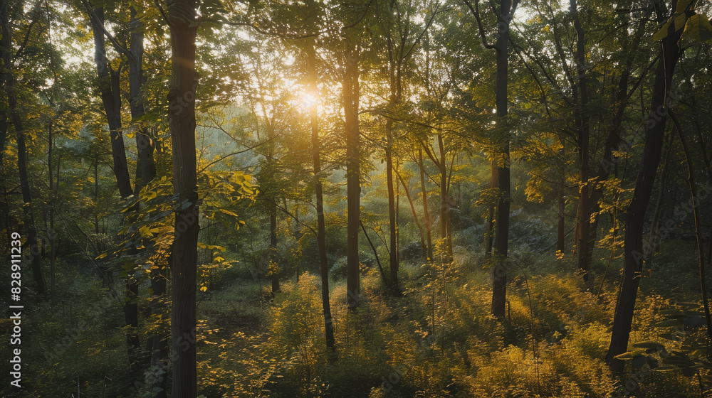 A forest with trees and sunlight shining through the leaves A forest with trees and sunlight shining through the leaves
