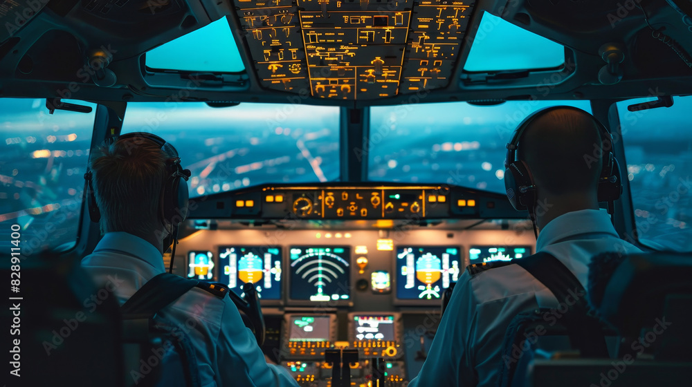 Fototapeta premium Two pilots are in the cockpit of an airplane