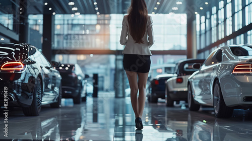 A woman walks through a car showroom, admiring the various cars on display © mila103