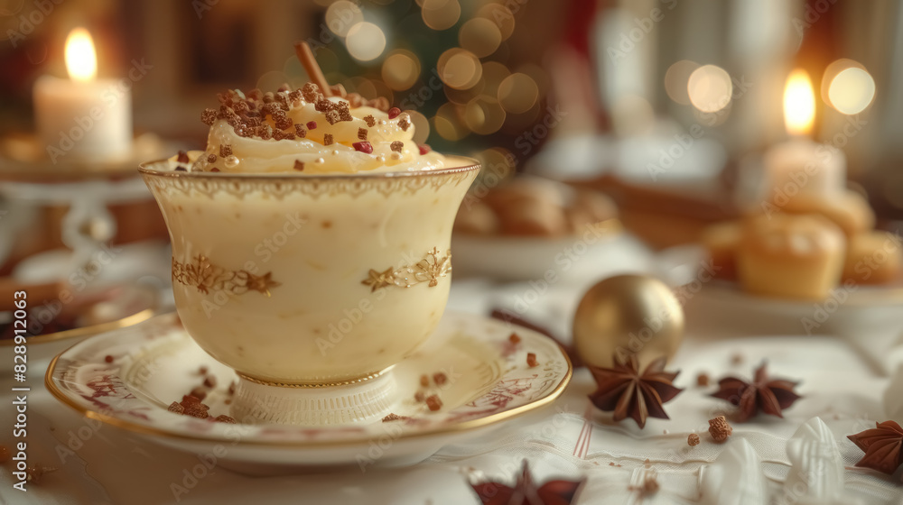 festive eggnog in a glass with holiday decorations, capturing the essence of christmas comfort and tradition festive eggnog in a glass with holiday decorations, capturing the essence of christmas comfort and tradition