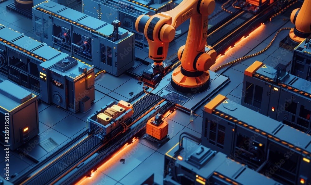 A modern factory floor where robotic arms and AI systems collaborate seamlessly with human workers, optimizing production processes and efficiency. A modern factory floor where robotic arms and AI systems collaborate seamlessly with human workers, optimizing production processes and efficiency.
