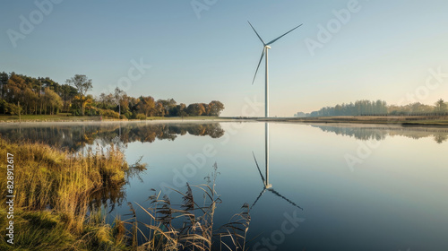 A wind turbine is reflected in the water