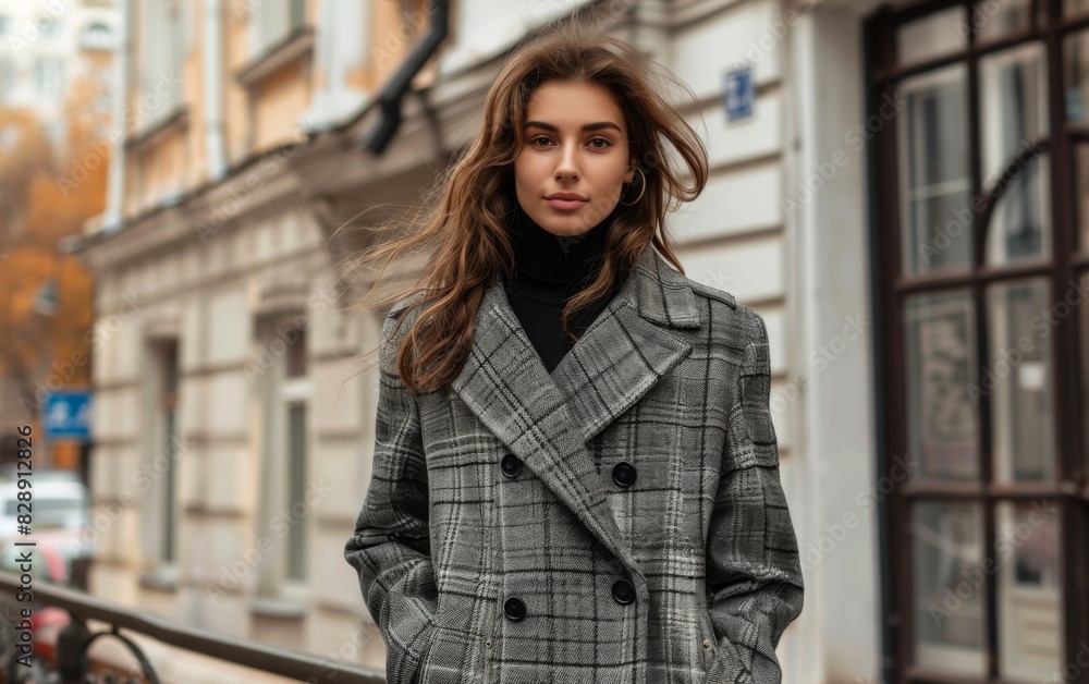 A young woman in a gray coat standing on a sidewalk in front of a building in the city A young woman in a gray coat standing on a sidewalk in front of a building in the city