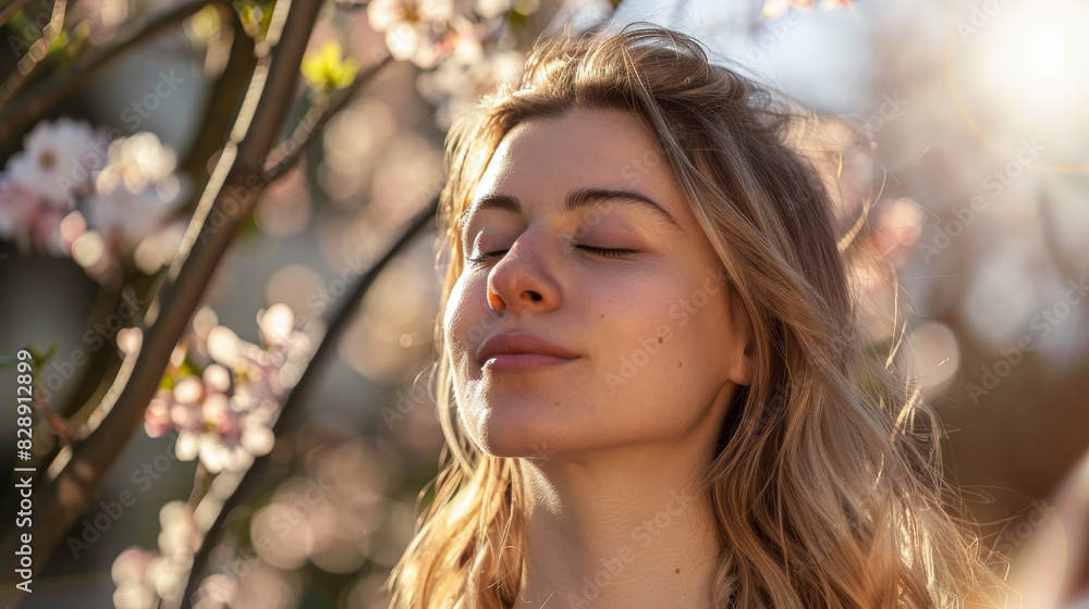 A woman is sitting under a tree and smiling A woman is sitting under a tree and smiling