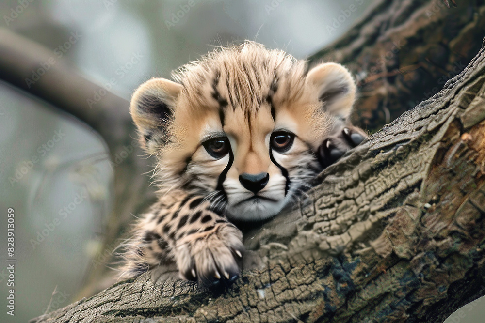 Obraz premium close up horizontal image of a cute baby cheetah relaxing on a wooden branch