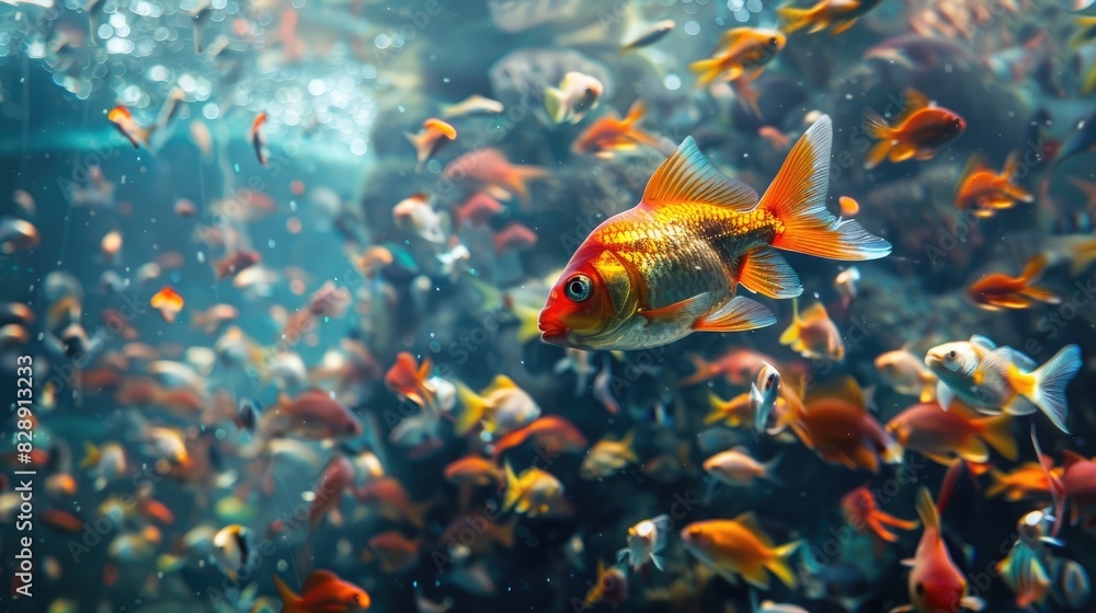 A fish swimming through a school of other fish. A fish swimming through a school of other fish.