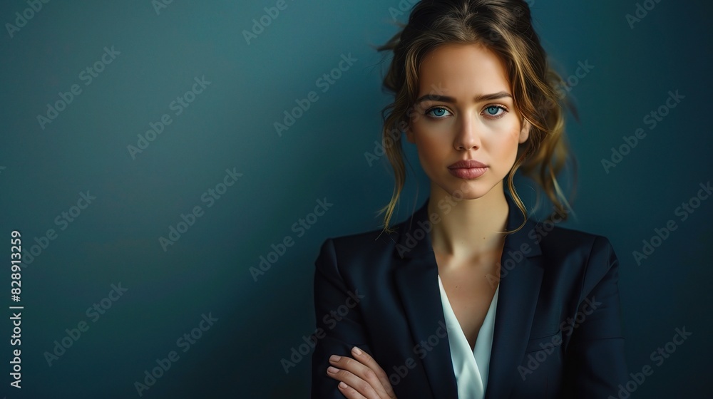 A professional woman in a power suit, her attire symbolizing her strength and authority in the corporate world A professional woman in a power suit, her attire symbolizing her strength and authority in the corporate world