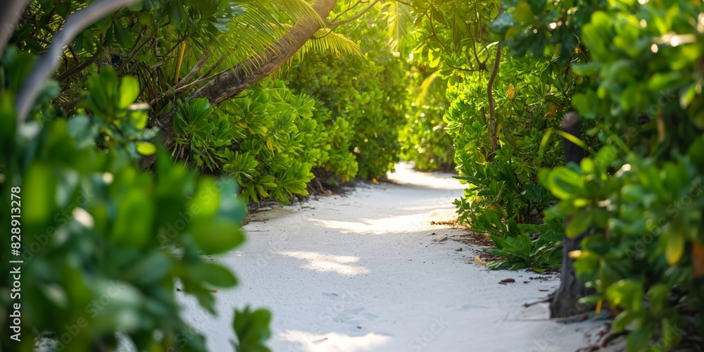 A sandy pathway lined with lush tropical vegetation under a sunlit canopy in a peaceful island setting A sandy pathway lined with lush tropical vegetation under a sunlit canopy in a peaceful island setting