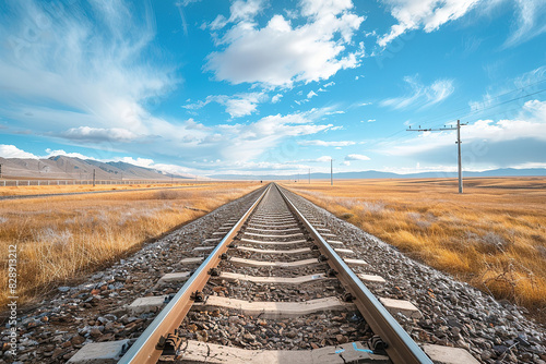 horizontal image of a railway in the middle of a desolated countryside in a sunny summer day