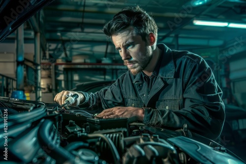 A focused mechanic using a professional scan tool to diagnose a car engine under an open hood © DK_2020