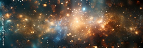 Sparkling particles and light flares in a cosmic space representation, resembling a star field and nebula photo