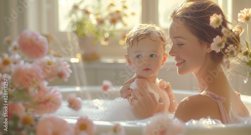 parent and child playing with bubbles in bathroom
