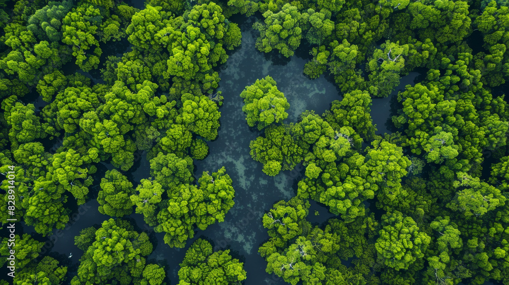 A lush green forest with a body of water in the middle A lush green forest with a body of water in the middle