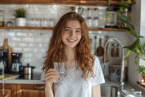 A young woman in a stylish kitchen holding a glass of water with a small plant in the background symbolizing wellbeing and natural lifestyle