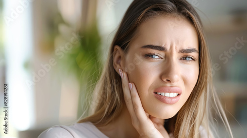 A young woman holds her cheek with her hand and suffers from severe toothache. Dental diseases concept, problems with teeth and tooth enamel