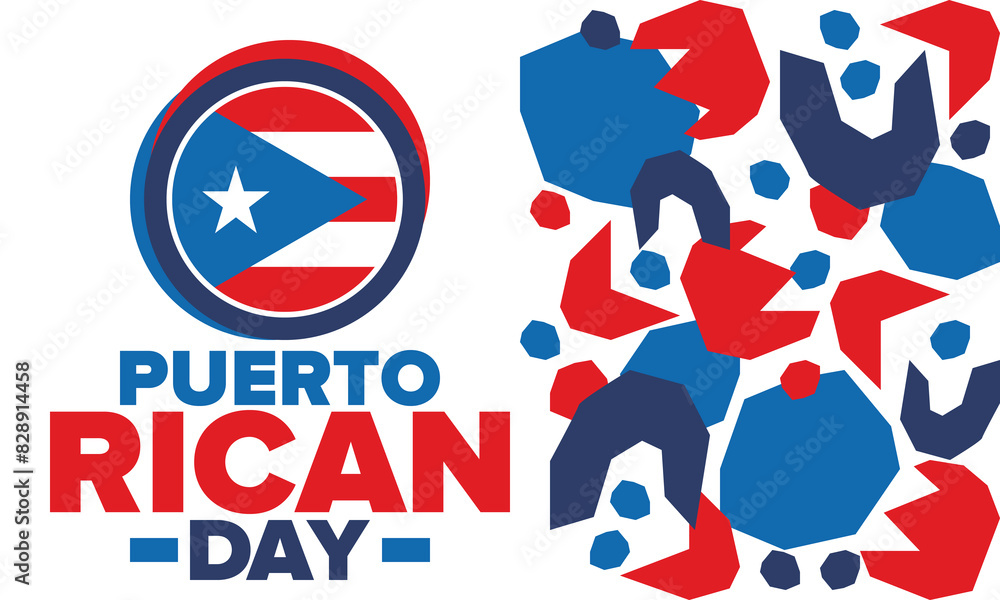Obraz premium Puerto Rican Day. National happy holiday. Festival and parade in honor of independence and freedom. Puerto Rico flag. Latin american country. Patriotic elements. Vector poster illustration