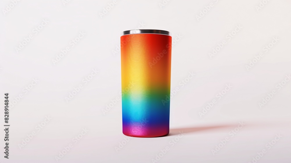 A high-resolution image of a sleek, rainbow pride-themed tumbler against a pure white background. The tumbler's vibrant colors and glossy finish stand out sharply, showcasing both pride and functional A high-resolution image of a sleek, rainbow pride-themed tumbler against a pure white background. The tumbler's vibrant colors and glossy finish stand out sharply, showcasing both pride and functional