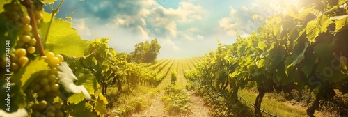 Panoramic view of a sunlit vineyard with rows of grapevines and a bright sky above photo