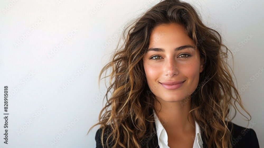business woman beaming with confidence and positivity, her smile illuminating the white backdrop with grace and charm business woman beaming with confidence and positivity, her smile illuminating the white backdrop with grace and charm