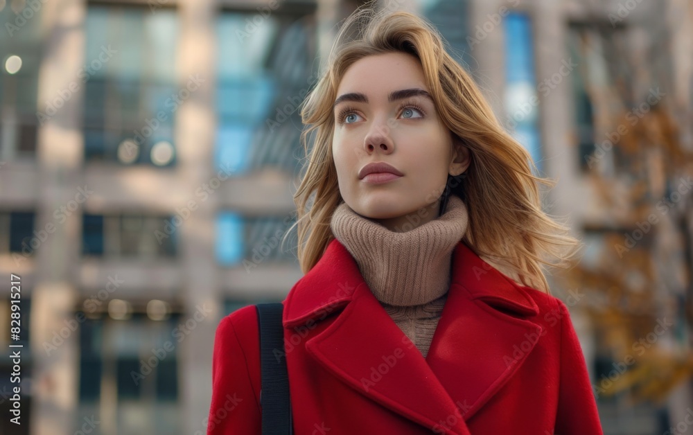 Fototapeta premium A young woman wearing a red coat is gazing upwards in an urban setting