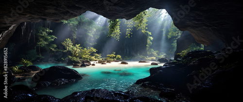View from the cave. Exit from the cave. Sun rays into a cave. Tropical island. Sea lagoon. Beach. Morning jungle. Ferns on stones. Sun rays. Secret paradise. Poster, background, banner.