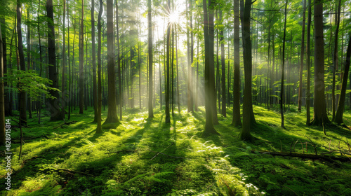 A forest with sunlight shining through the trees