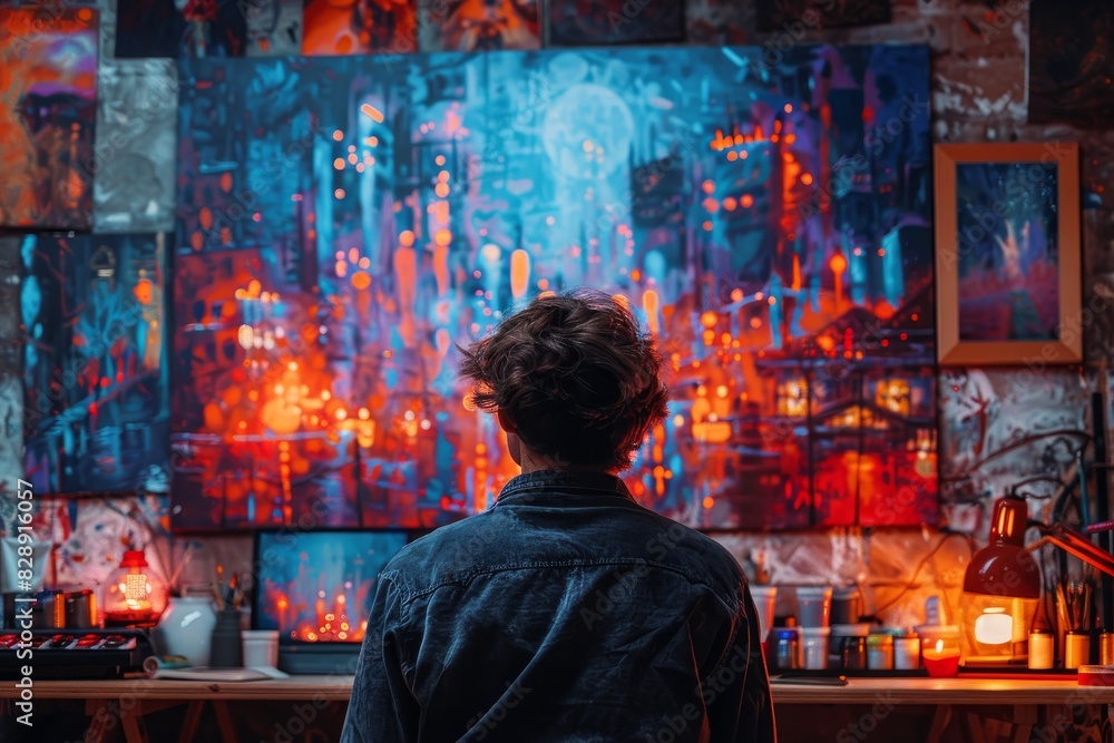 Artist uploading digital art to an NFT platform, innovative technology, vibrant and dynamic visuals, modern home studio, copy space Artist uploading digital art to an NFT platform, innovative technology, vibrant and dynamic visuals, modern home studio, copy space
