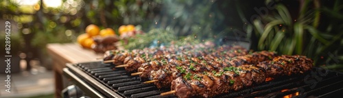 Friends and family gathered around a grill in the backyard, delicious food cooking, laughter and smiles, photorealistic, high resolution, sharp details