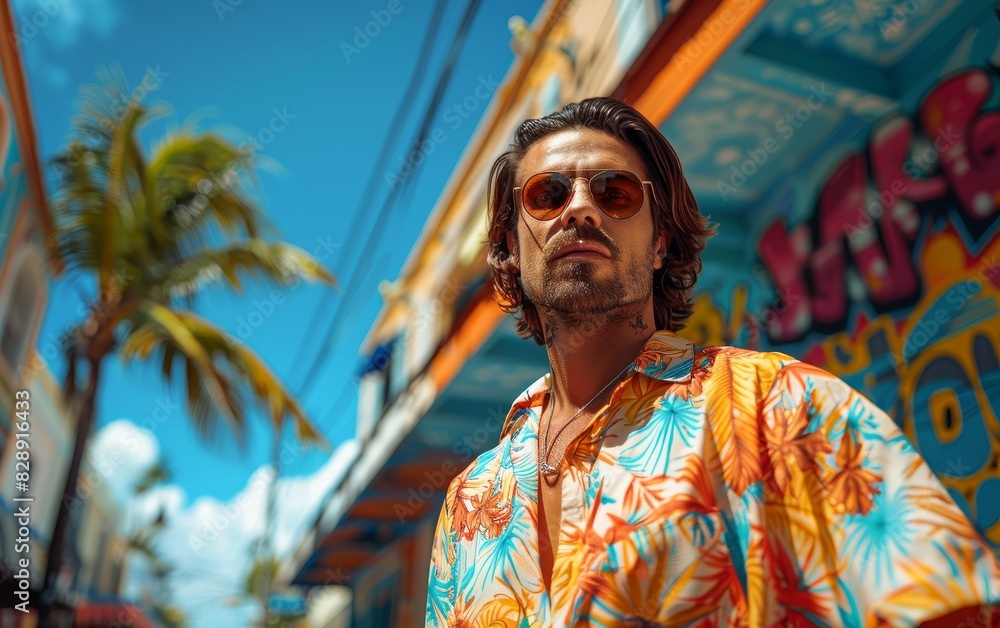 Obraz premium Man in trendy summer outfit, urban street setting, graffiti walls, clear sky, 3D rendering, realistic, high detail