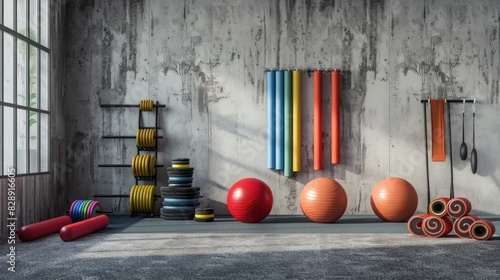 A fitness studio with a variety of resistance bands and tubes  with a few scattered exercise balls and foam rollers  ready for a challenging functional training workout in a minimalist setting.