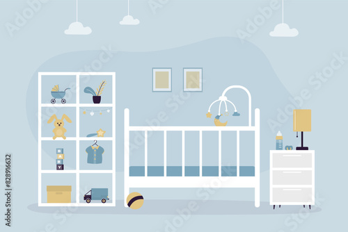 Newborn baby bedroom with bed, hanging rattle, toys and bottle. Child room, nursery interior with toys on shelf, pictures on wall. Bedroom for infant.