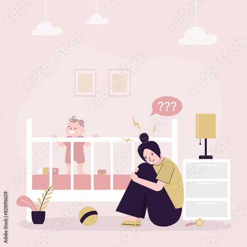 Depressed young woman sits by crib of small crying child. Insomnia, hysteria, postpartum depression. Postnatal crisis, emotional pressure.